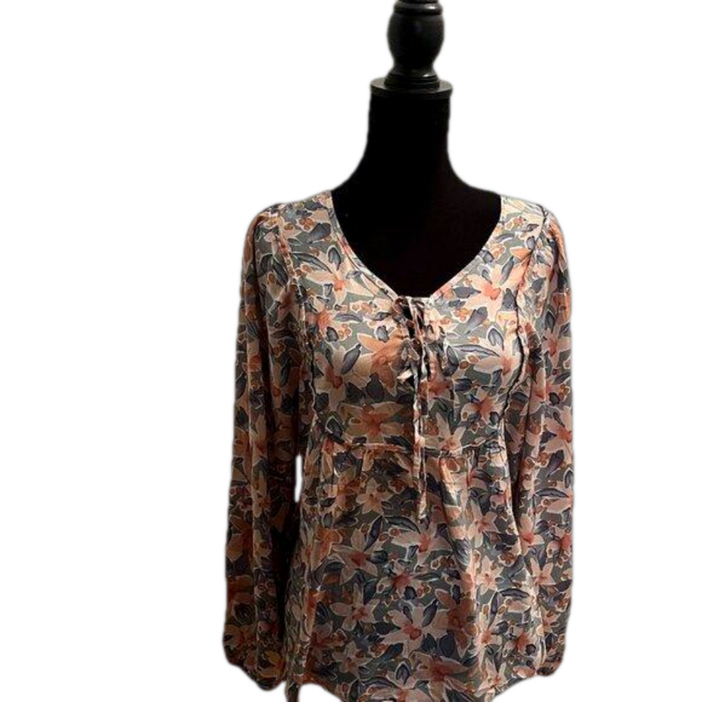 Floral Ruffled Long-Sleeved Tunic with Tie V-Neck